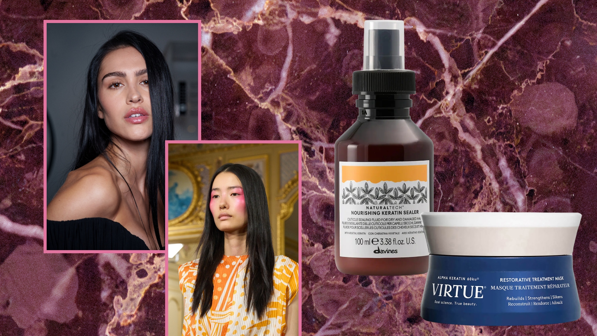 two girls with straight black hair next to two keratin products on a red marble background
