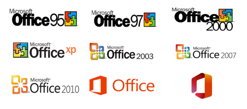 Estilos de marca do Microsoft Office ao longo dos anos.