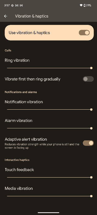 Pixel 7a Adaptive alert vibration setting