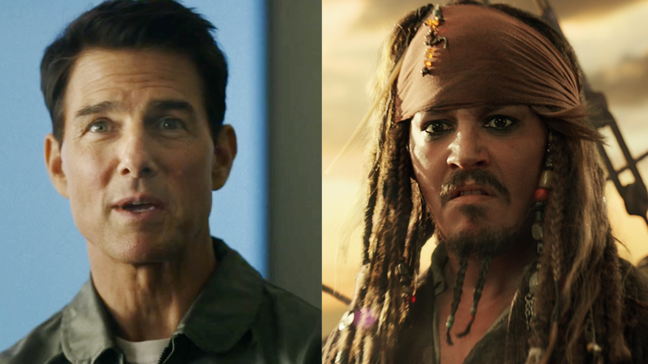 Tom Cruise in his starring role of Top Gun: Maverick, Johnny Depp as Jack Sparrow in Pirates of the Caribbean: Dead Men Tell No Tales. 