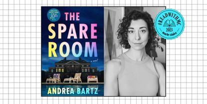 The spare room book cover split image with Andrea Bartz headshot overlaid on black and white grid with ReadWithMC stamp 