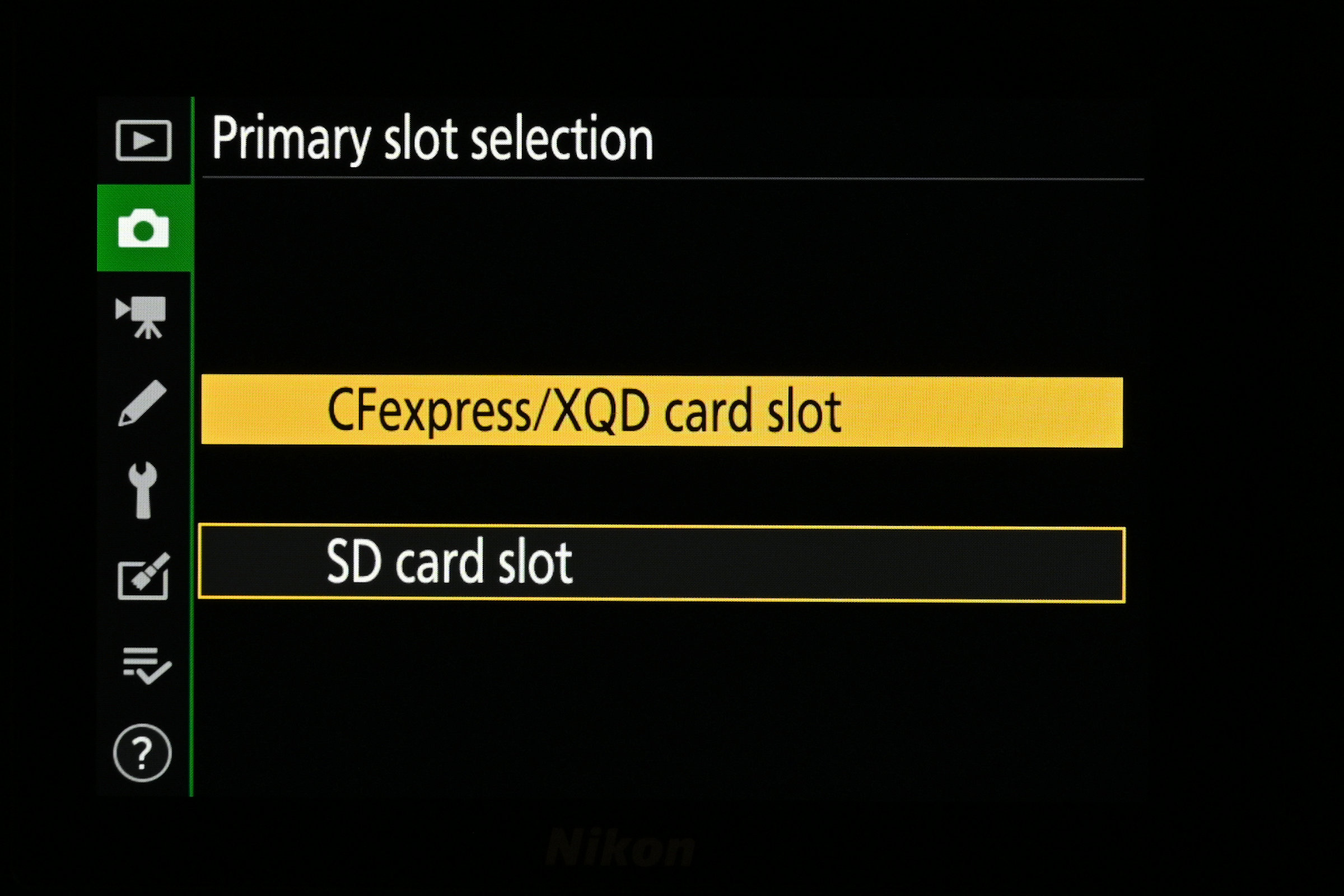 Nikon menu screens for dual memory cards