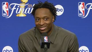 OG Anunoby speaks during a postgame press conference for the NBA Finals.