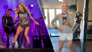 Carrie Underwood performing and in Instagram selfie
