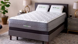 Best mattress in a box: The GhostBed Luxe mattress on a light gray fabric bed base