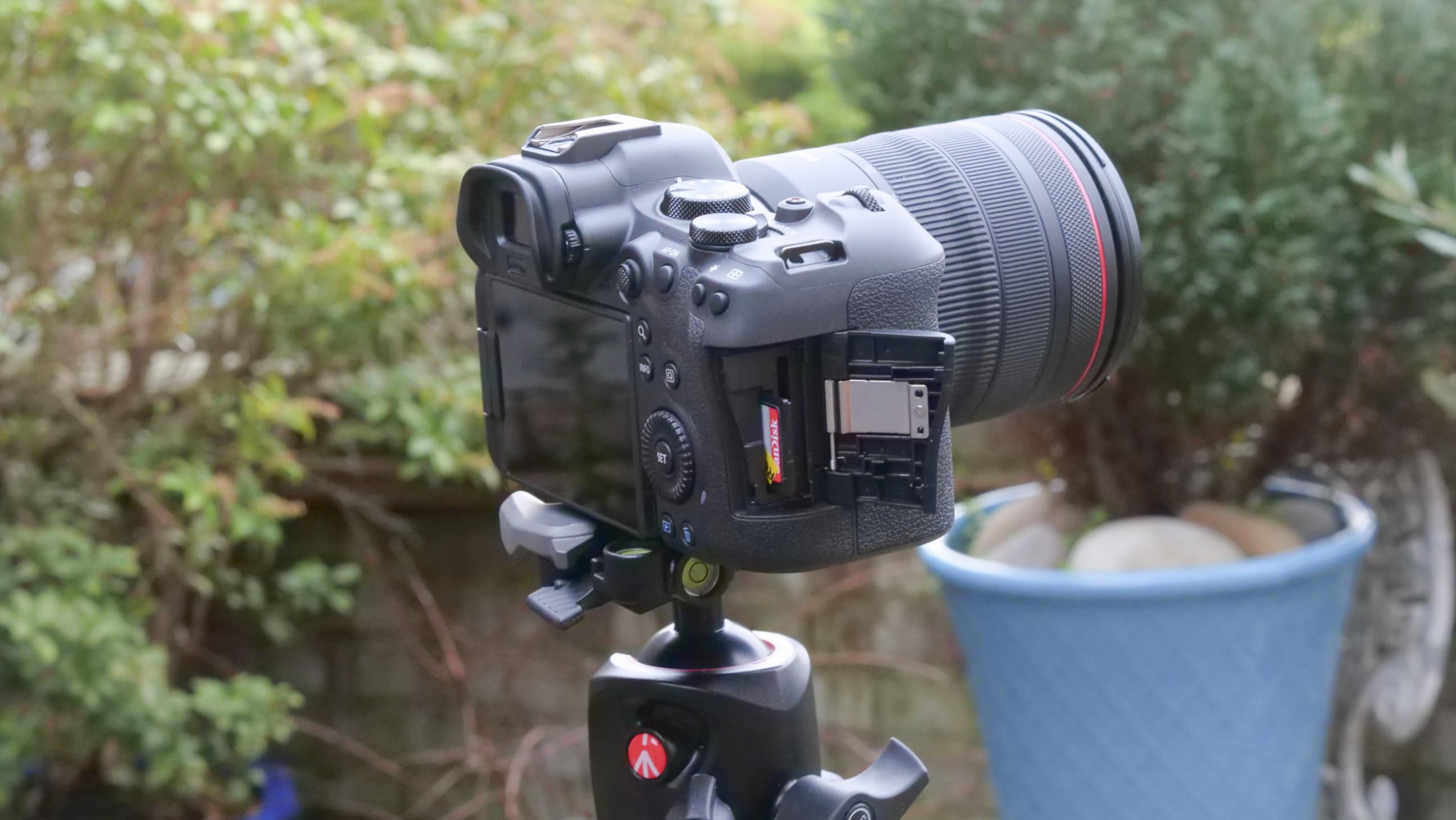 Canon EOS R6 II with memory card door open and SD card