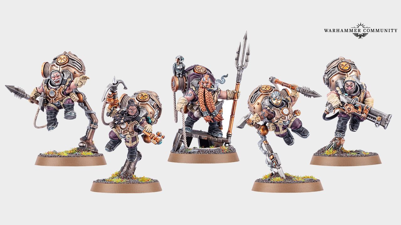 A selection of Warhammer Kharadron Overlords models lined up against a plain background, with a 'Warhammer Community' logo in the top right-hand corner of the frame