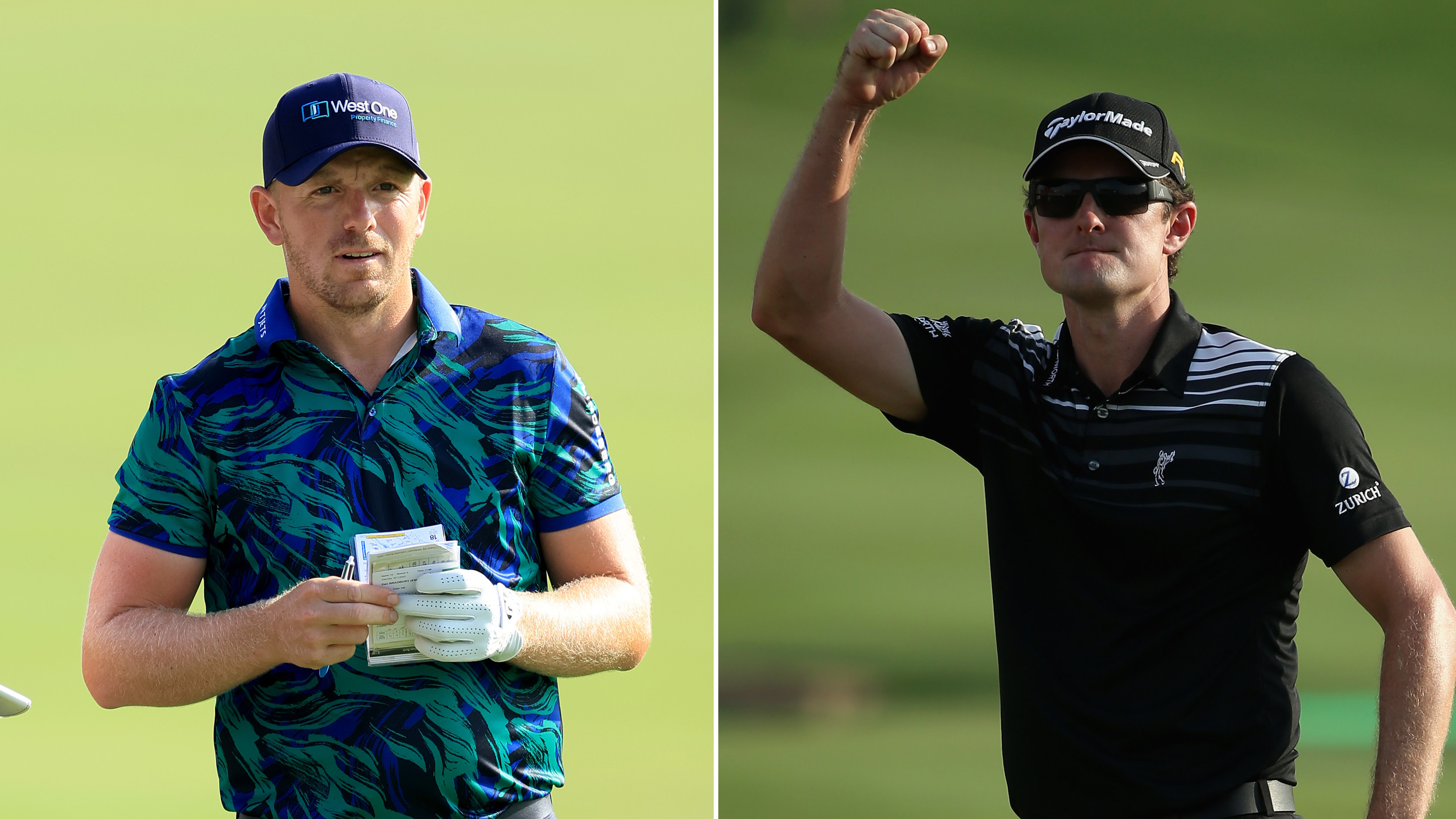 (left) Matt Wallace looks on during the 2023 DP World Tour Championship while (right) Justin Rose punches the air at the 2012 DP World Tour Championship
