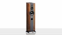 ATC EL50 Anniversary floorstanding speakers in walnut on a white background