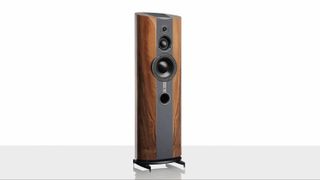 ATC EL50 Anniversary floorstanding speakers in walnut on a white background