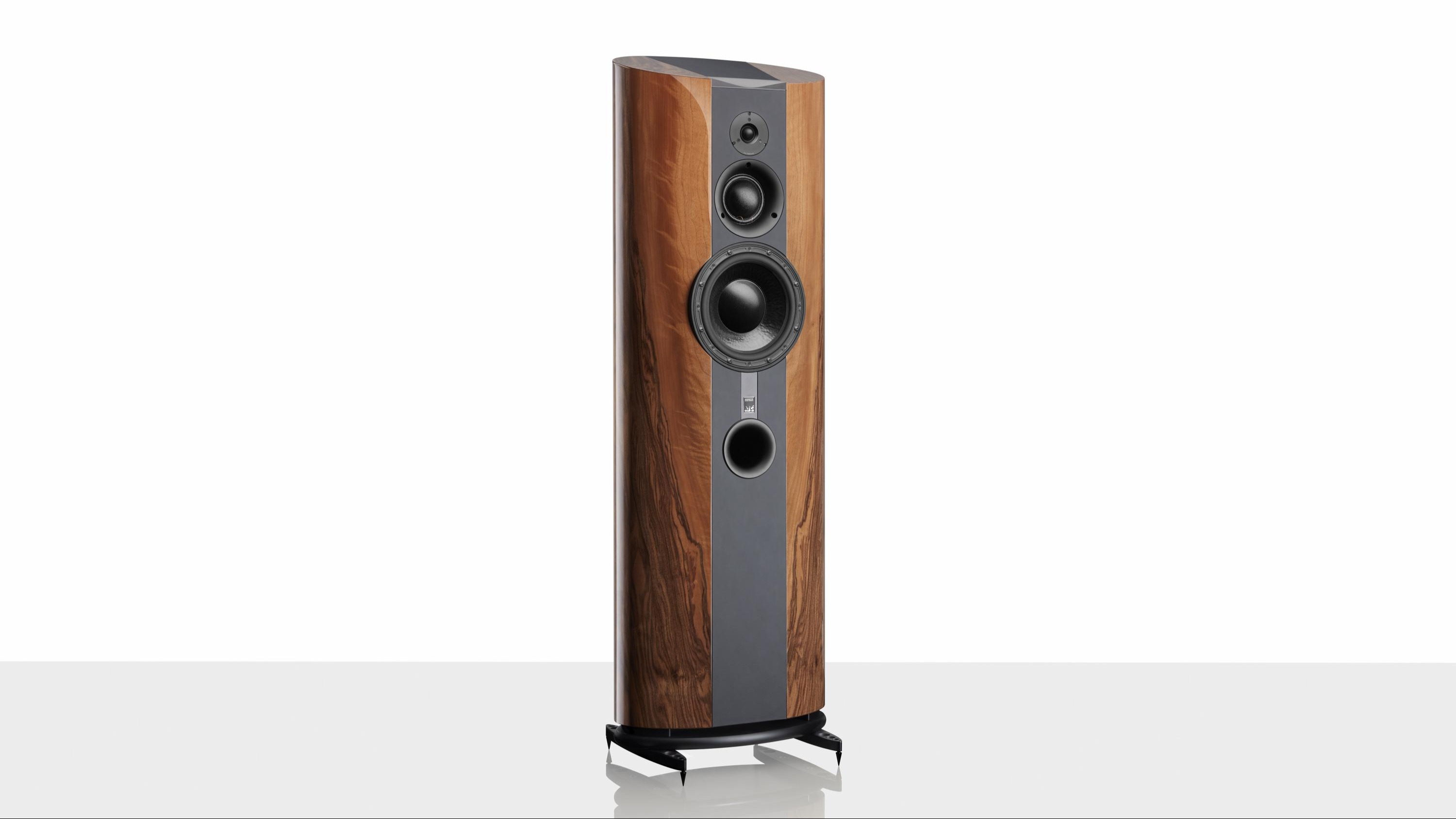 ATC EL50 Anniversary floorstanding speakers in walnut on a white background