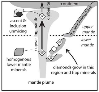 A conceptual model showing that the diamonds and inclusions form in the lower mantle in subducted oceanic crust, are then transported by mantle flow to the upper mantle, and finally to the surface in a kimberlite magma.