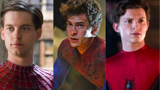 Tobey Maguire, Andrew Garfield, Tom Holland in their respective Spider-Man roles