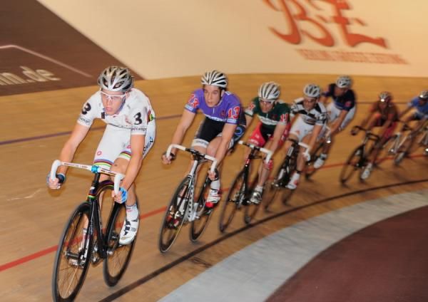 Cameron Meyer on the front during the first Madison of the afternoon.
