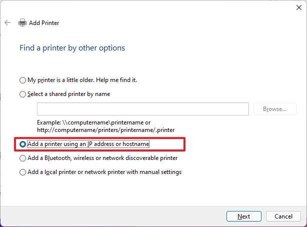 Add a printer using TCP/IP address or hostname