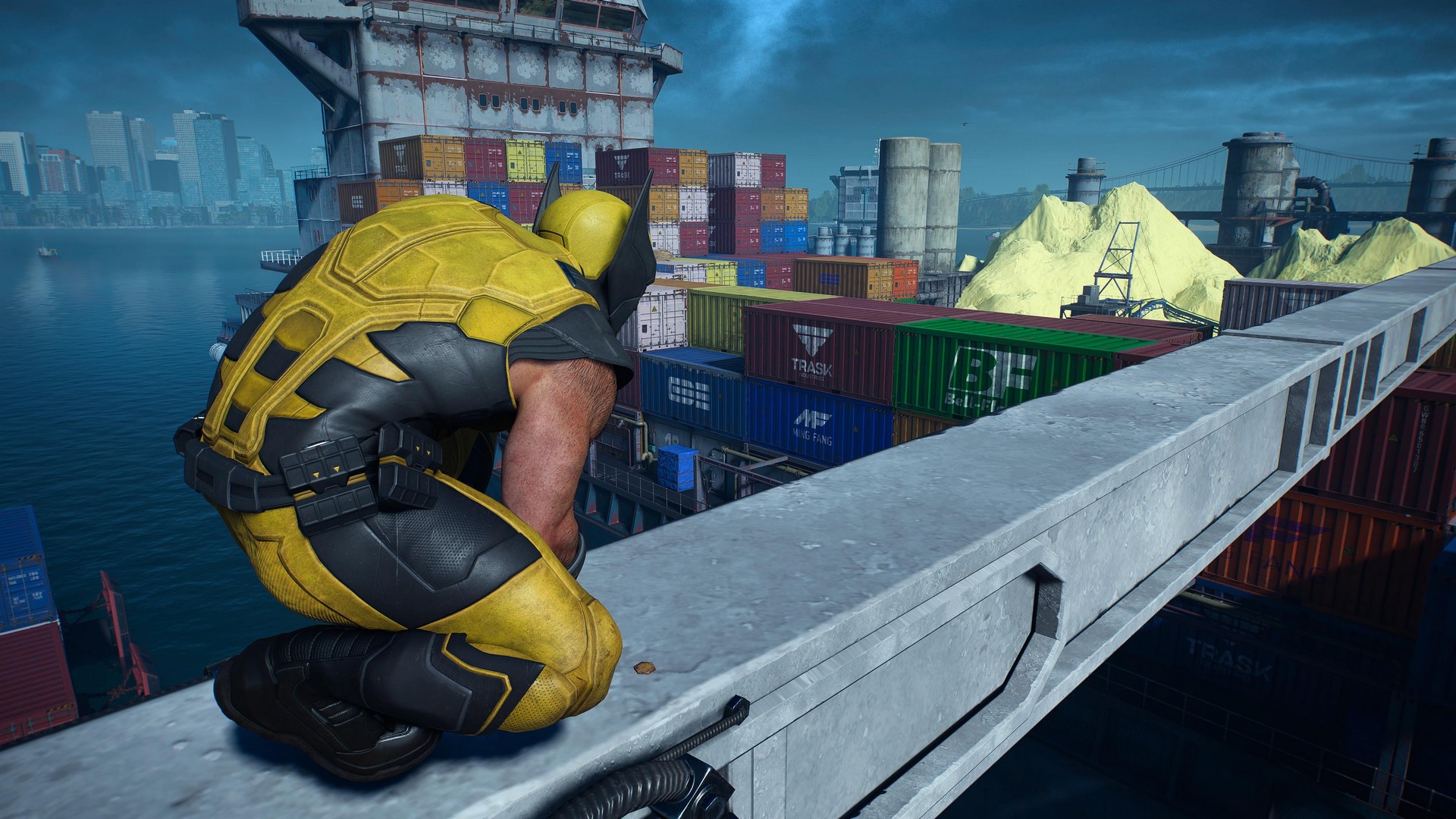 Logan crouches near a shipping boat in Marvel's Wolverine, transporting Trask's goods including Osmium and kidnapped mutants