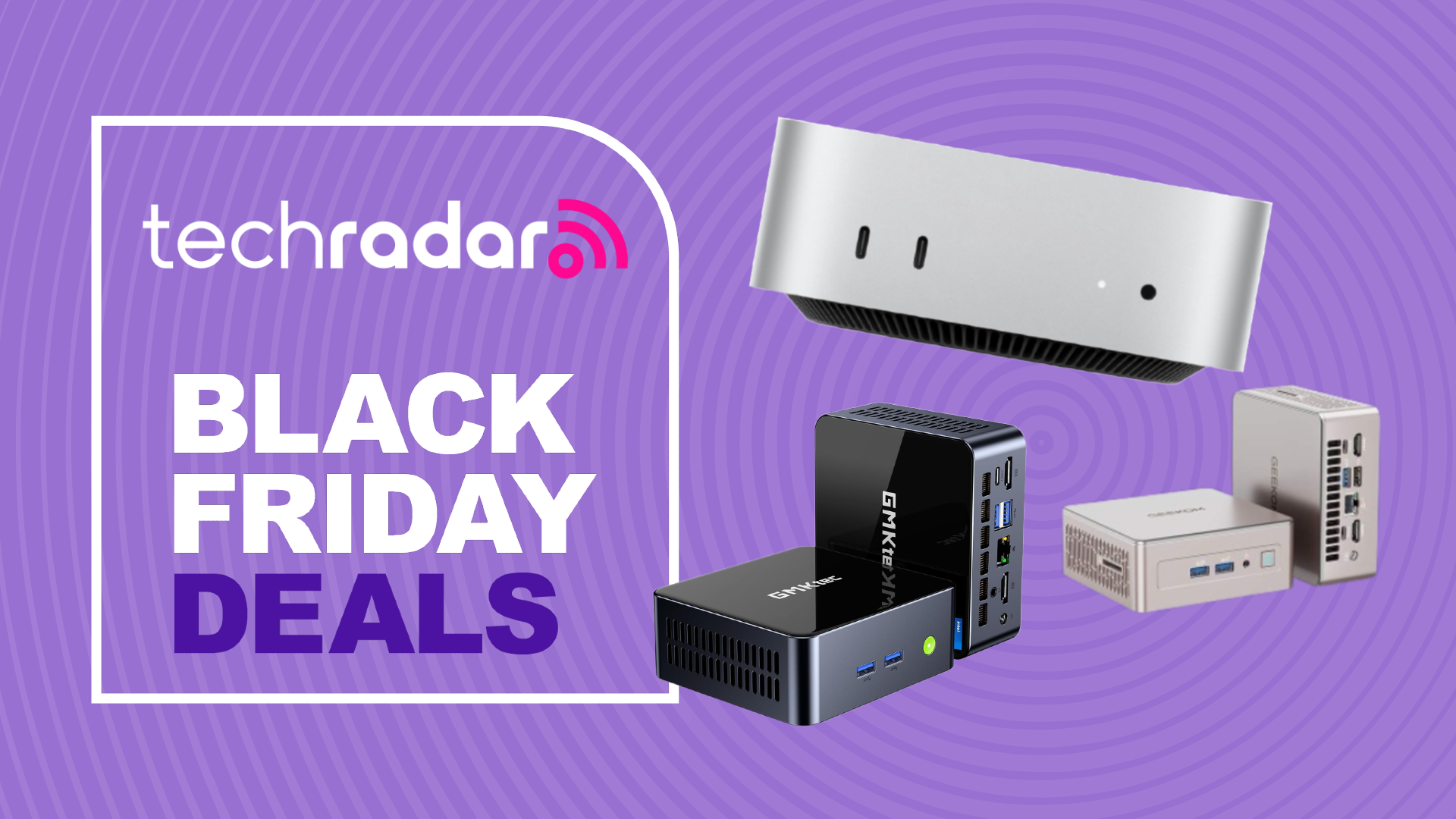 An Apple, Geekom, and GMKtec mini pc on a purple background next to a TechRadar badge reading &#039;Black Friday deals&#039;