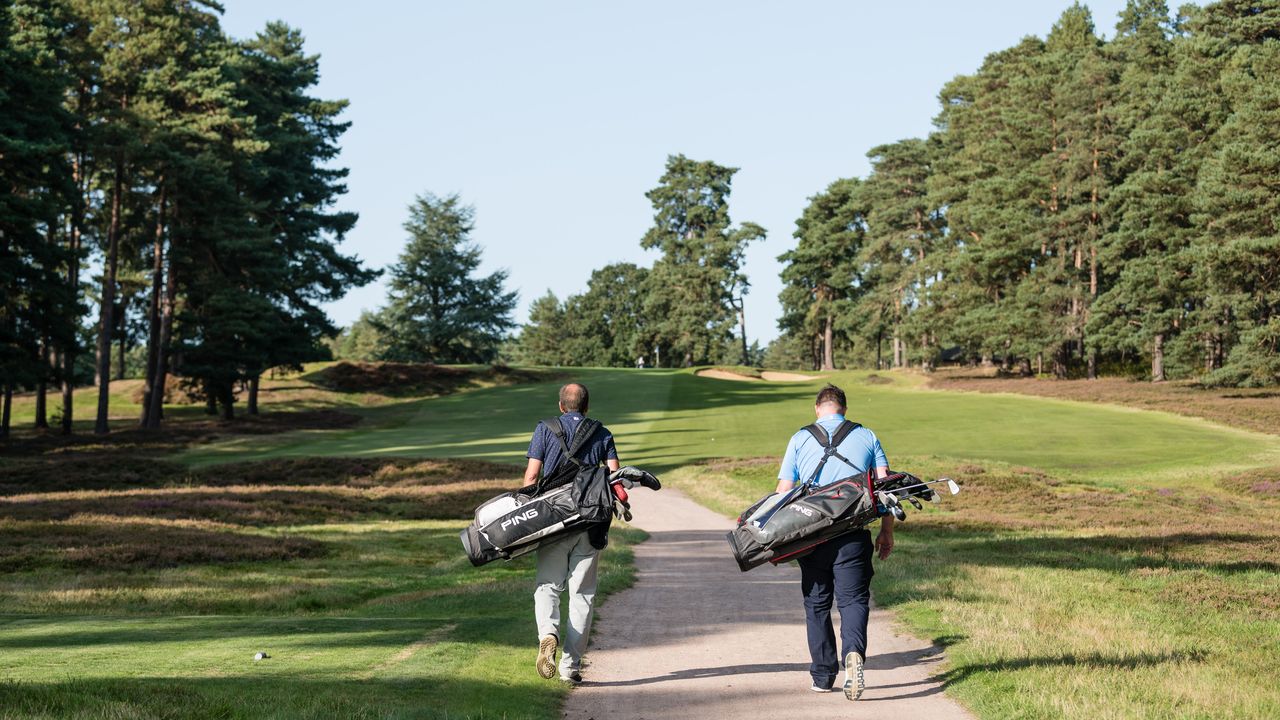 Two golfers walking to the fairway