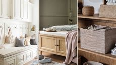 storage bench in entryway / A storage bench with cabinet doors and a cushion top at the end of a bed / Wooden wall, wooden shelves, storage baskets, vase