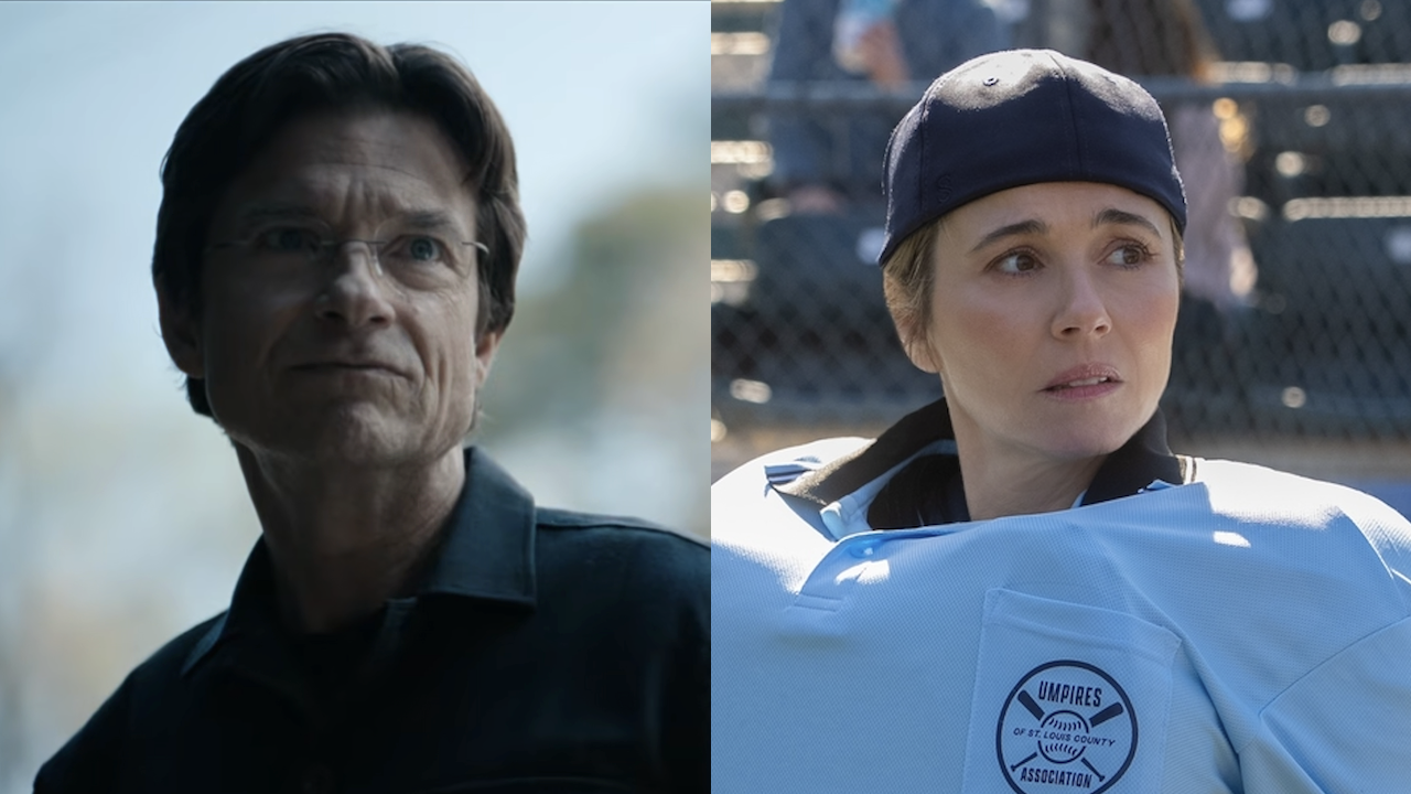 Side by side: Chuck Forrest having conversation with Carol, Carol looking worried in umpire uniform in DTF St. Louis Episode 4