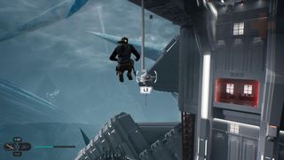 Star Wars Jedi Survivor Nova Garon Cal grappling and leaping to a red forcefield barrier inside the hangar