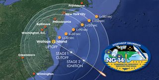 This Northrop Grumman graphic depicts the visibility path for the NG-14 Cygnus cargo launch on an Antares rocket from Wallops Flight Facility in Virginia on Oct. 1, 2020.