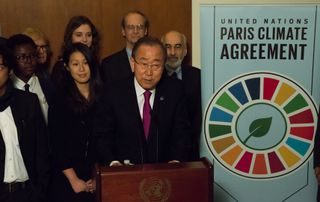  To mark the occasion of the Paris Climate Agreement's entry into force (Nov. 4, 2016), United Nations Secretary-General Ban Ki-moon attended a meeting of civic society leaders in Conference Room 8 at UN Headquarters in New York City.