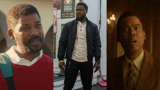 Will Smith in King Richard, Kevin Hart in The Man from Toronto, and Chris Rock in Amsterdam, pictured side by side.