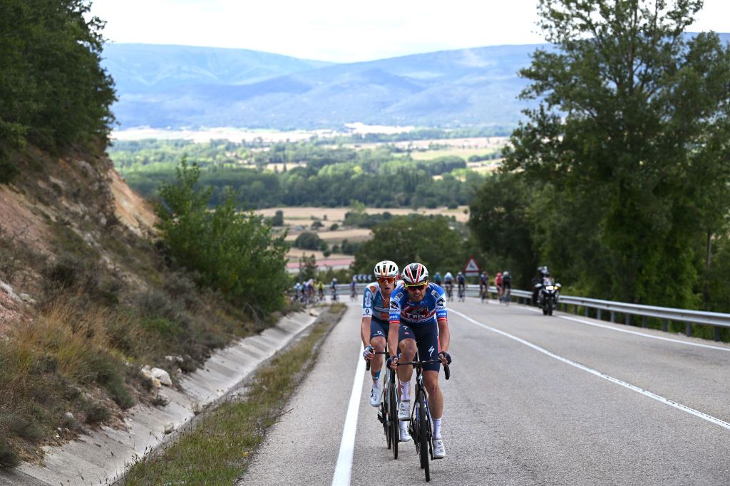 VILLARCAYO SPAIN SEPTEMBER 07 Kasper Asgreen of Denmark and Team TRex Quick Step leads the breakaway during the La Vuelta 79th Tour of Spain 2024 Stage 20 a 172km stage from Villarcayo to Picon Blanco 1491m UCIWT on September 07 2024 in Villarcayo Spain Photo by Tim de WaeleGetty Images