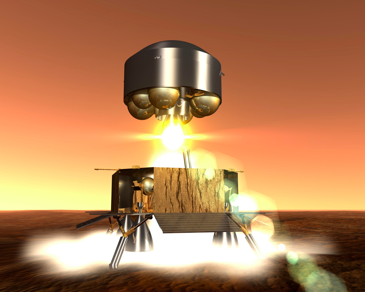 Artist's view of the Mars Sample Return (MSR) ascent module lifting off from Mars' surface with the Martian soil samples.