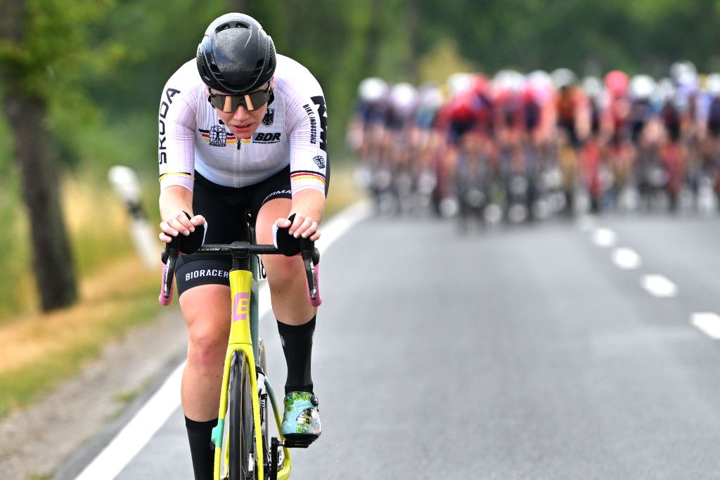 SCHMOLLN GERMANY JUNE 27 Mieke Kroger of Germany and Team Germany competes in the breakaway during the 36th Internationale LOTTO Thringen Ladies Tour 2024 Stage 3 a 1446km stage from Erfurt to Erfurt on June 27 2024 in Schmolln Germany Photo by Luc ClaessenGetty Images