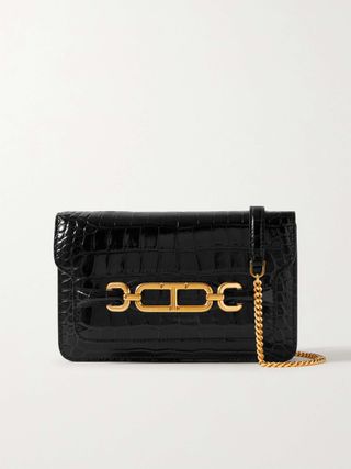 Small Glossed Croc-Effect Leather Shoulder Bag