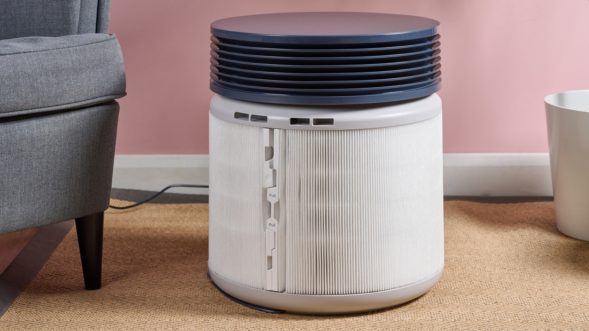 The Blueair Blue Signature air purifier is pictured without its fabric pre-filter.