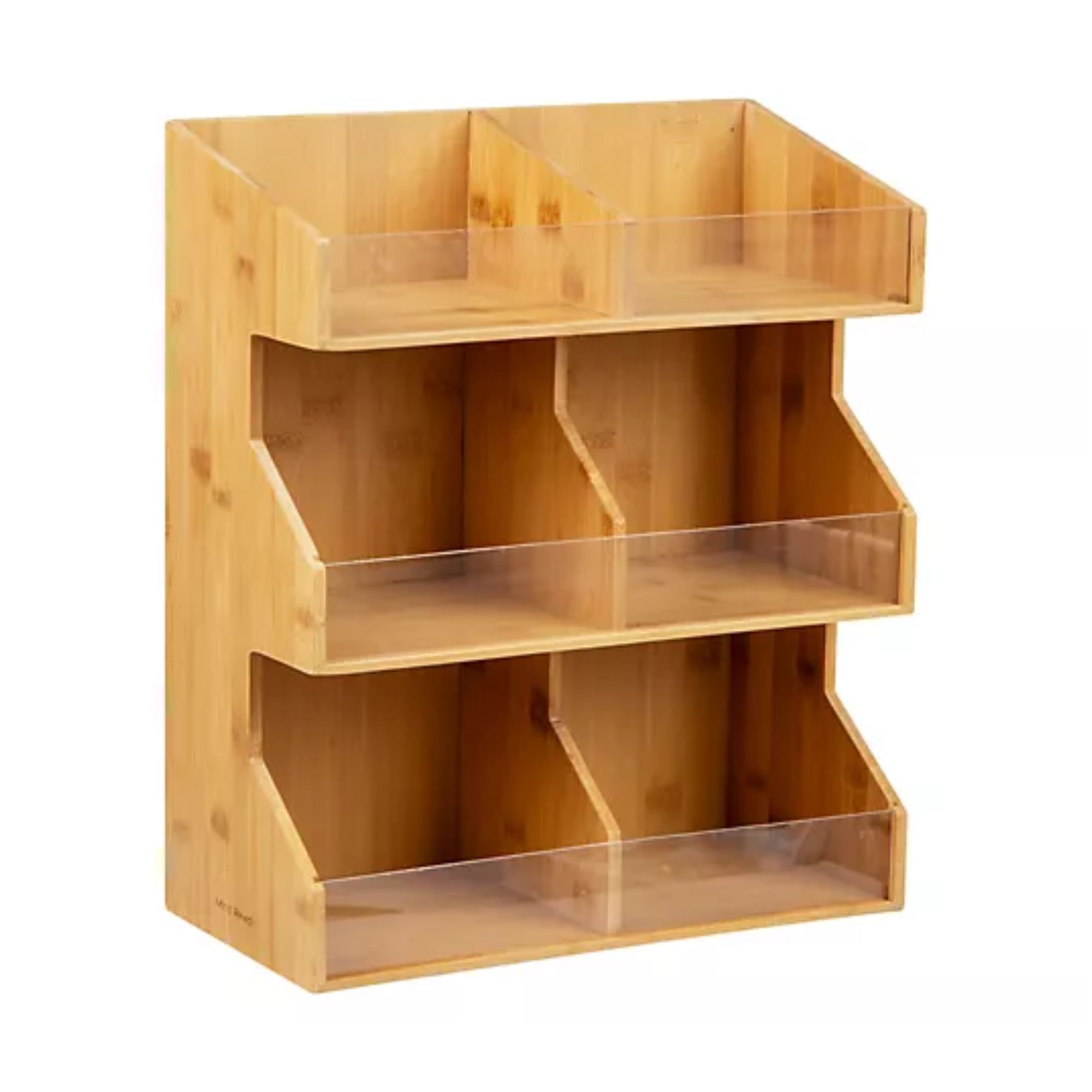 A wooden countertop storage organizer with six compartments