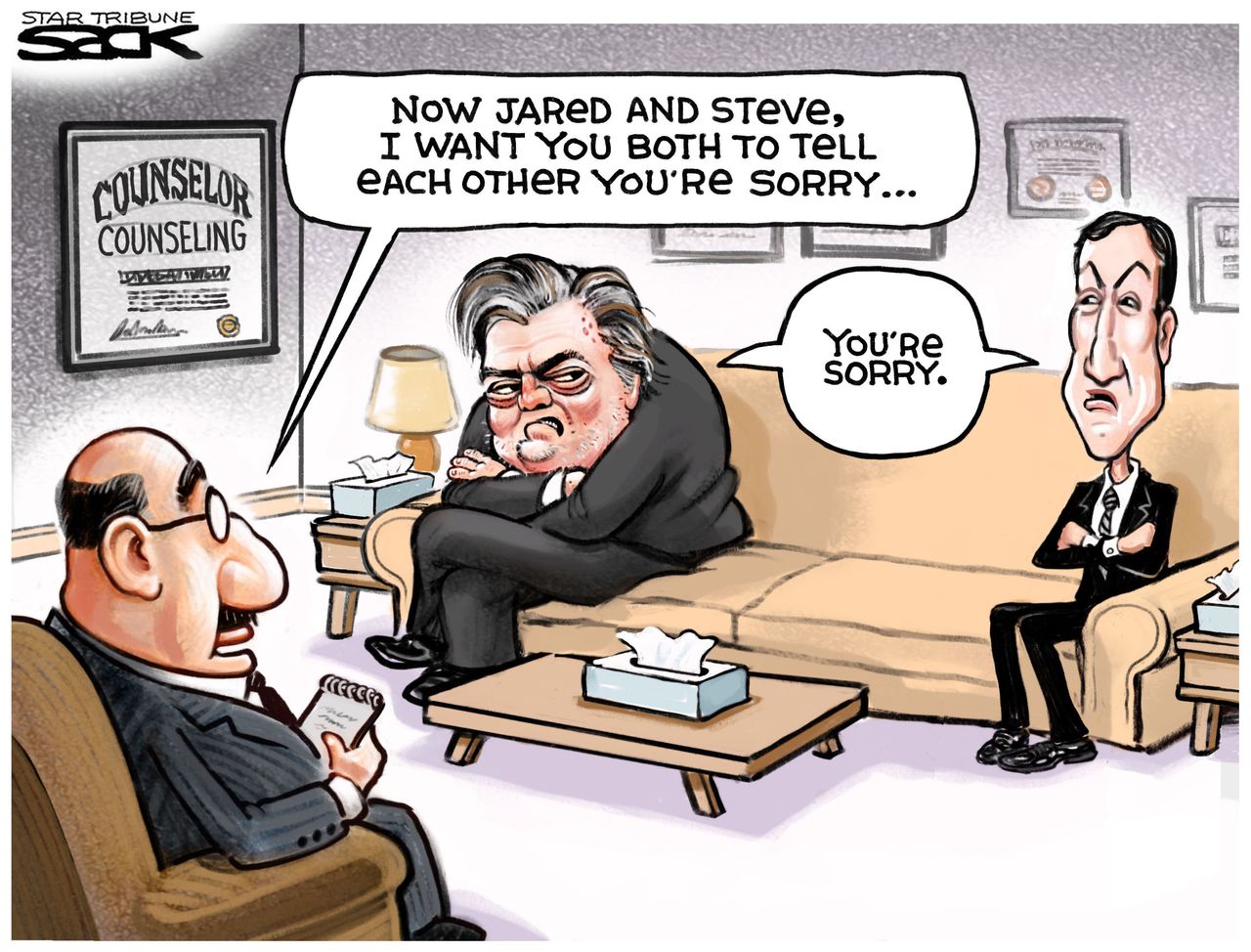 Political Cartoon U.S. Jared Kushner Stephen Bannon Trump fued