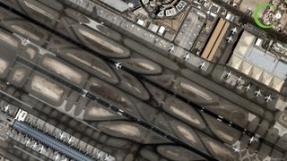 This still image from Earth-i's first color video by the VividX2 satellite shows airplanes at the Dubai International Airport as seen from orbit.