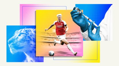 Photo montage of a snow leopard, Arsenal WFC forward Lina Hurtig, and a doctor with a syringe