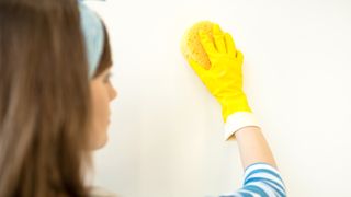 Woman cleaning wall with yellow sponge