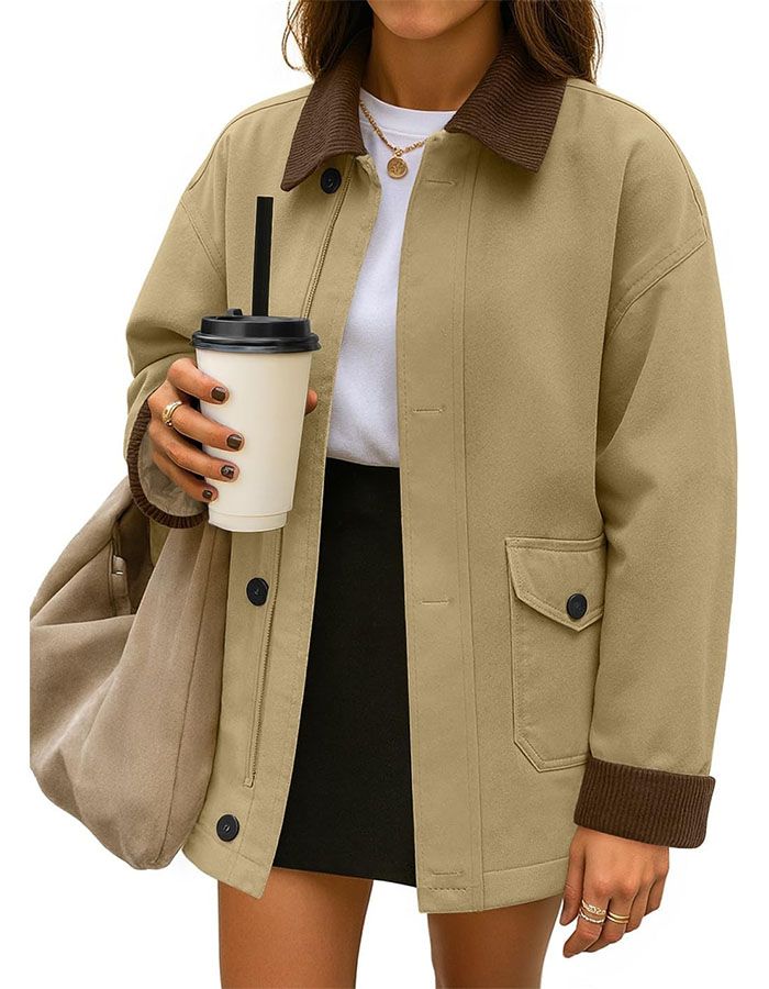 Zesica Women's Lightweight Trendy Jackets 2025 Fall Contrast Collar Button Down Cotton Oversized Casual Cargo Barn Jacket, Khaki, L