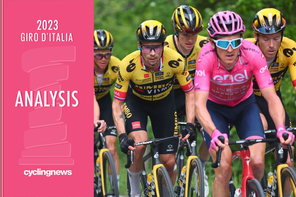 Overall leader INEOS Grenadiers's British rider Geraint Thomas (R) and Jumbo-Visma's Slovenian rider Primoz Roglic (C-R) cycle with the pack of riders during the thirteenth stage of the Giro d'Italia 2023 cycling race, which start was transfered from Borgofranco d'Ivrea to Le Chable due to bad weather conditions, and Crans-Montana, on May 19, 2023. (Photo by Luca Bettini / AFP) (Photo by LUCA BETTINI/AFP via Getty Images)