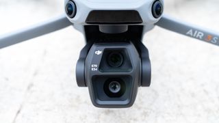 Close up view of DJI Air 3S dual camera.