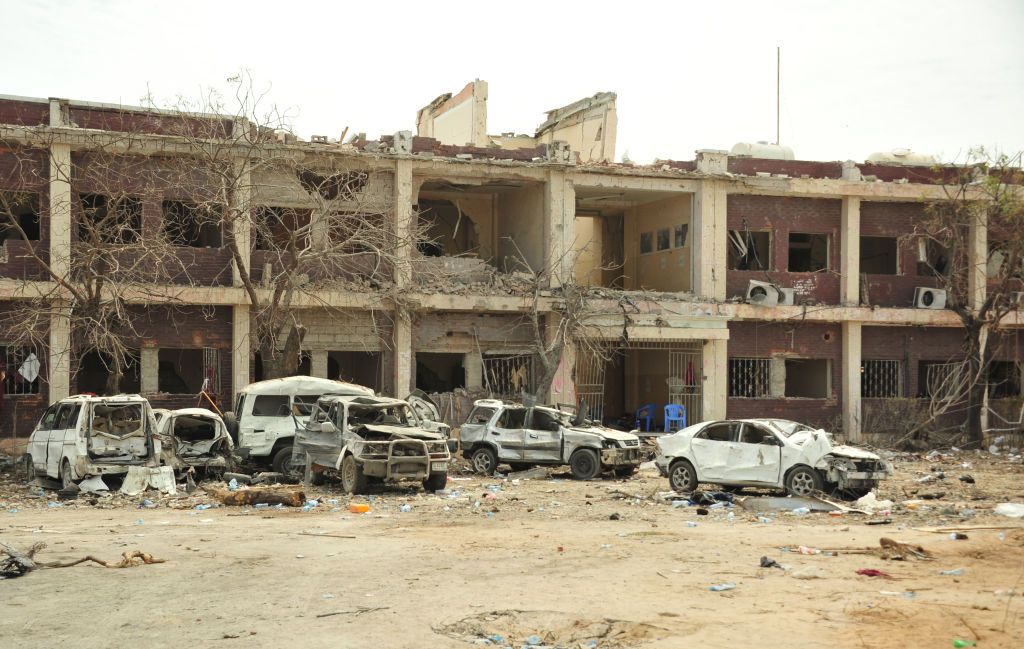 A picture taken on October 20, 2017 in Mogadishu shows destroyed cars on the scene of a massive truck bomb attack claimed by al Shabaab.