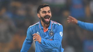 Virat Kohli of India celebrates ahead of the IND vs AUS live stream for the Cricket World Cup 2023 final.
