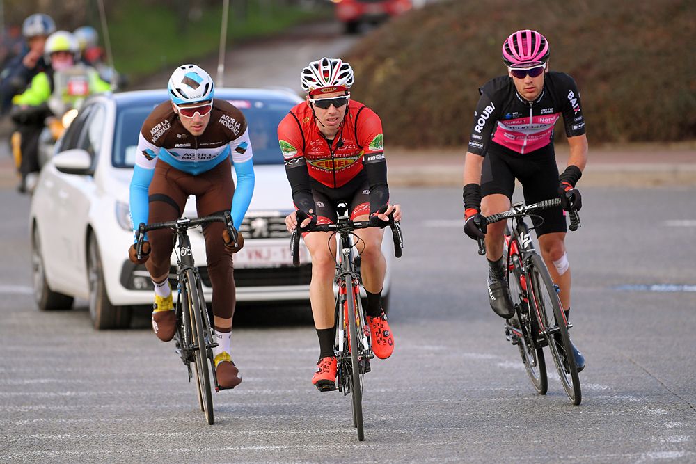 Alexis Gougeard, Pierre Barbier, Gianni Marchand in the breakaway at Le Samyn