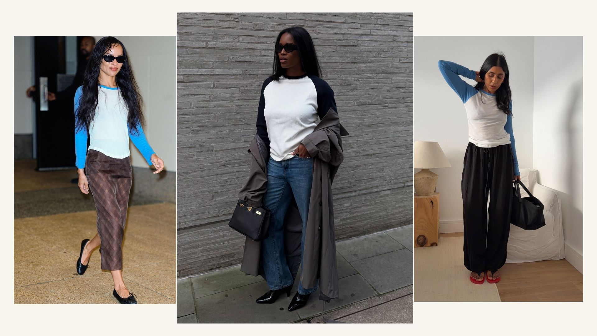 Baseball raglan tees worn by Monikh, Zoe Kravitz, Marylyn