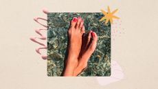 Image of feet in water with coral red nail polish on toes, on a beige background with a pink nail polish swatch and graphics