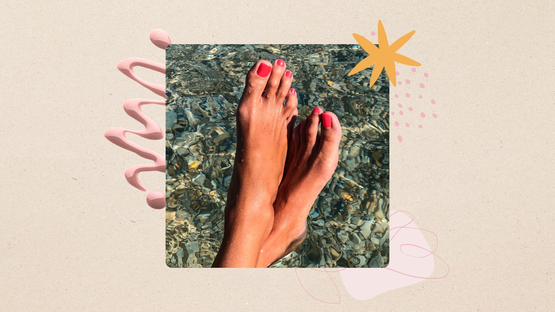 Image of feet in water with coral red nail polish on toes, on a beige background with a pink nail polish swatch and graphics