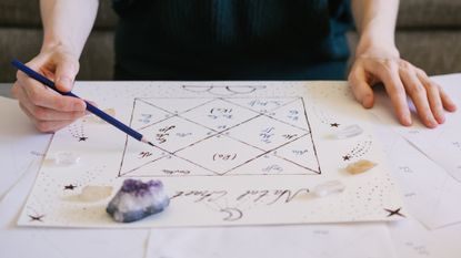 Rising sign: Woman checking natal chart. Beautiful hand drawn astrology background with crystals: stock photo