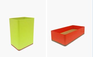 LEFT: green rectangular shaped vertical storage box, photographed against a white background; LEFT: red rectangular shaped horizontal storage box, photographed against a white background