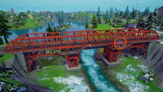 Swing under an arch at Desert Arch, Big Bridge, or Covered Bridge in Fortnite